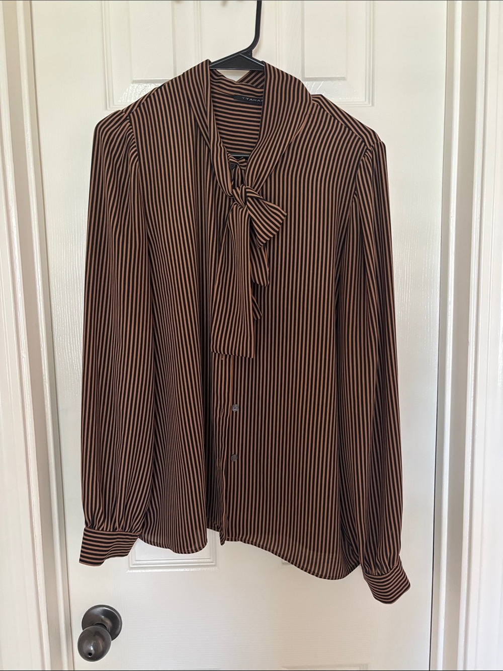 Women’s Brown and Black Striped Tie-Neck Blouse - Sz L